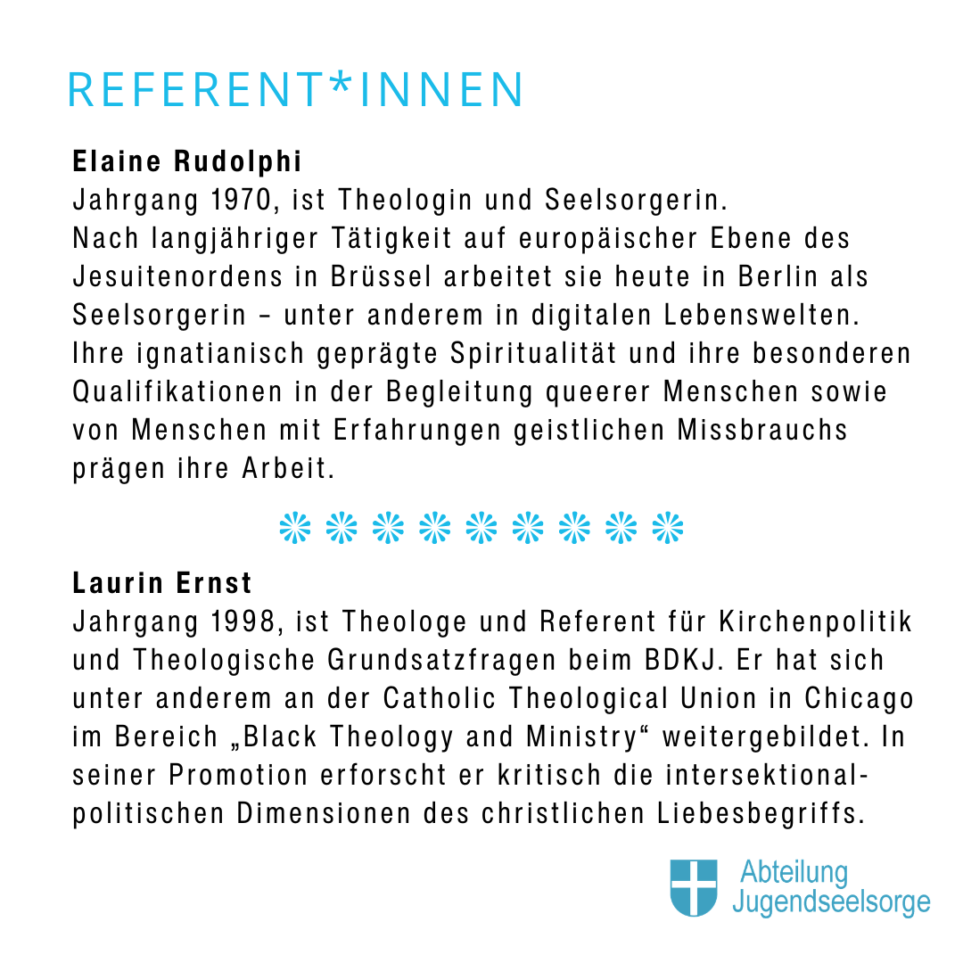 Referent*innen der Werktage: Elaine Rudolphi, Theologin und Seelsorgerin in Berlin, und Laurin Ernst, Theologe und BDKJ-Referent für Kirchenpolitik