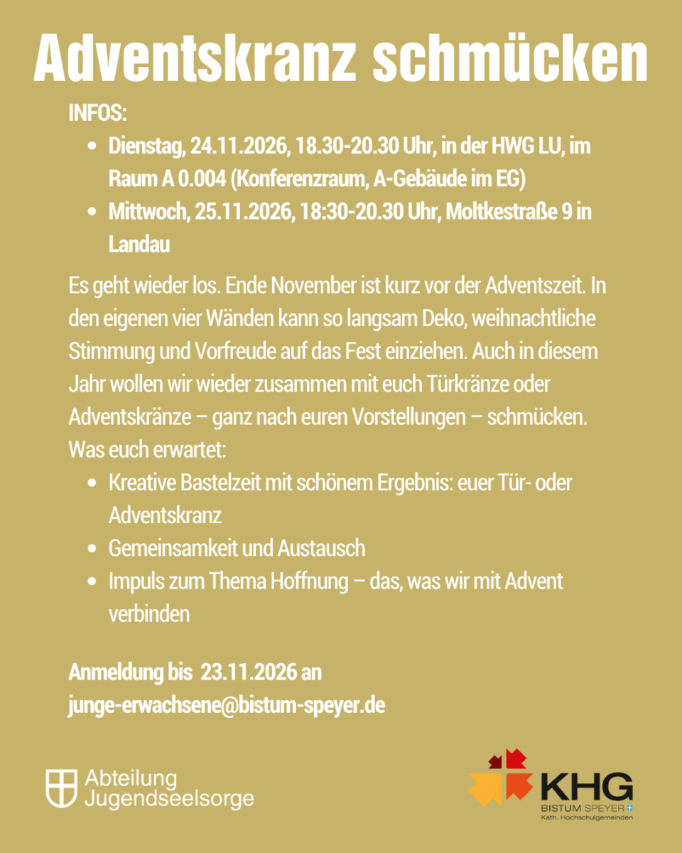 Adventskranz schmücken: 24.11.2026 in der HWG Ludwigshafen und 25.11.2026 in Landau, je 18:30–20:30 Uhr; Anmeldung bis 23.11.