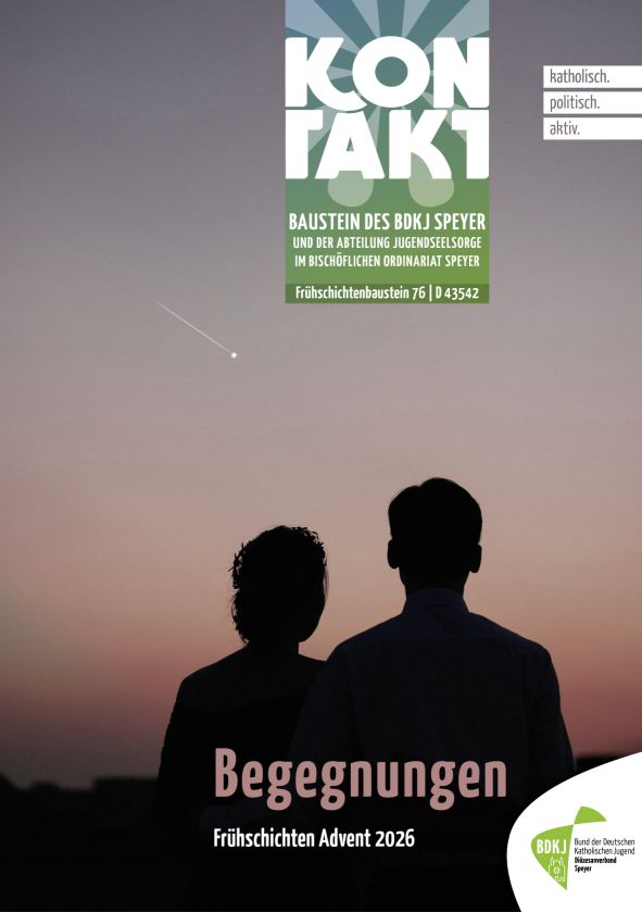 Titelblatt „Kontakt“, Frühschichtenbaustein 76: „Begegnungen – Frühschichten Advent 2026“; zwei Personen als Silhouette im Abendhimmel