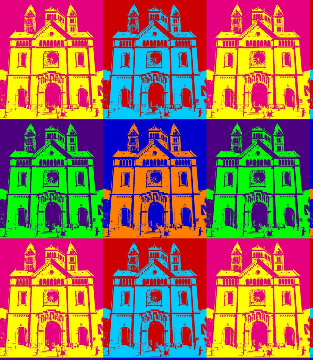 Pop-Art-Collage: neunmal die Westfassade des Speyerer Doms in grellen Farbkombinationen