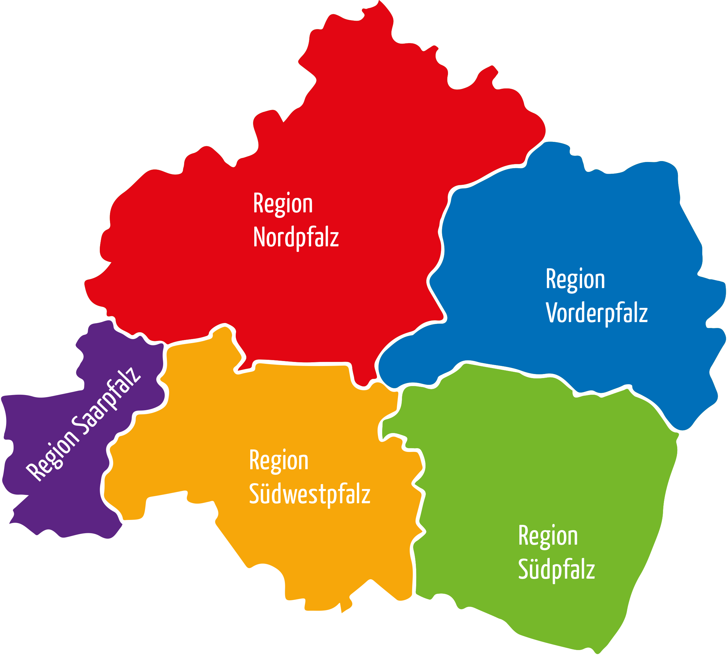 Karte der fünf BDKJ Regionen. Fabrlich hervorgehoben.